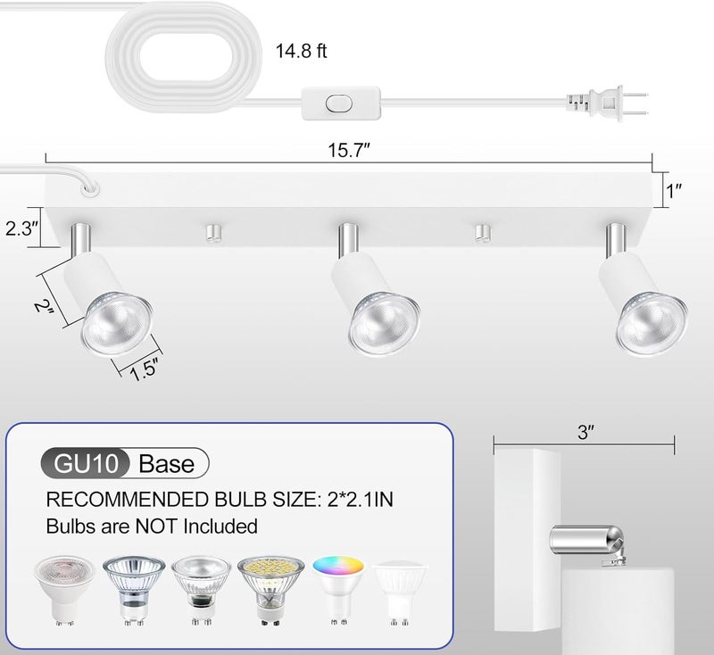 Bricosmocon Plug-in Track Lighting, LED Track Lighting Fixtures Ceiling Kit, 16" White Plug in Wall Light with 14.8ft Cord, 3-Light Ceiling Spotlight,Rotatable Kitchen Light Head for Bedroom Hallway(GU10,NO Bulb) - Image 3